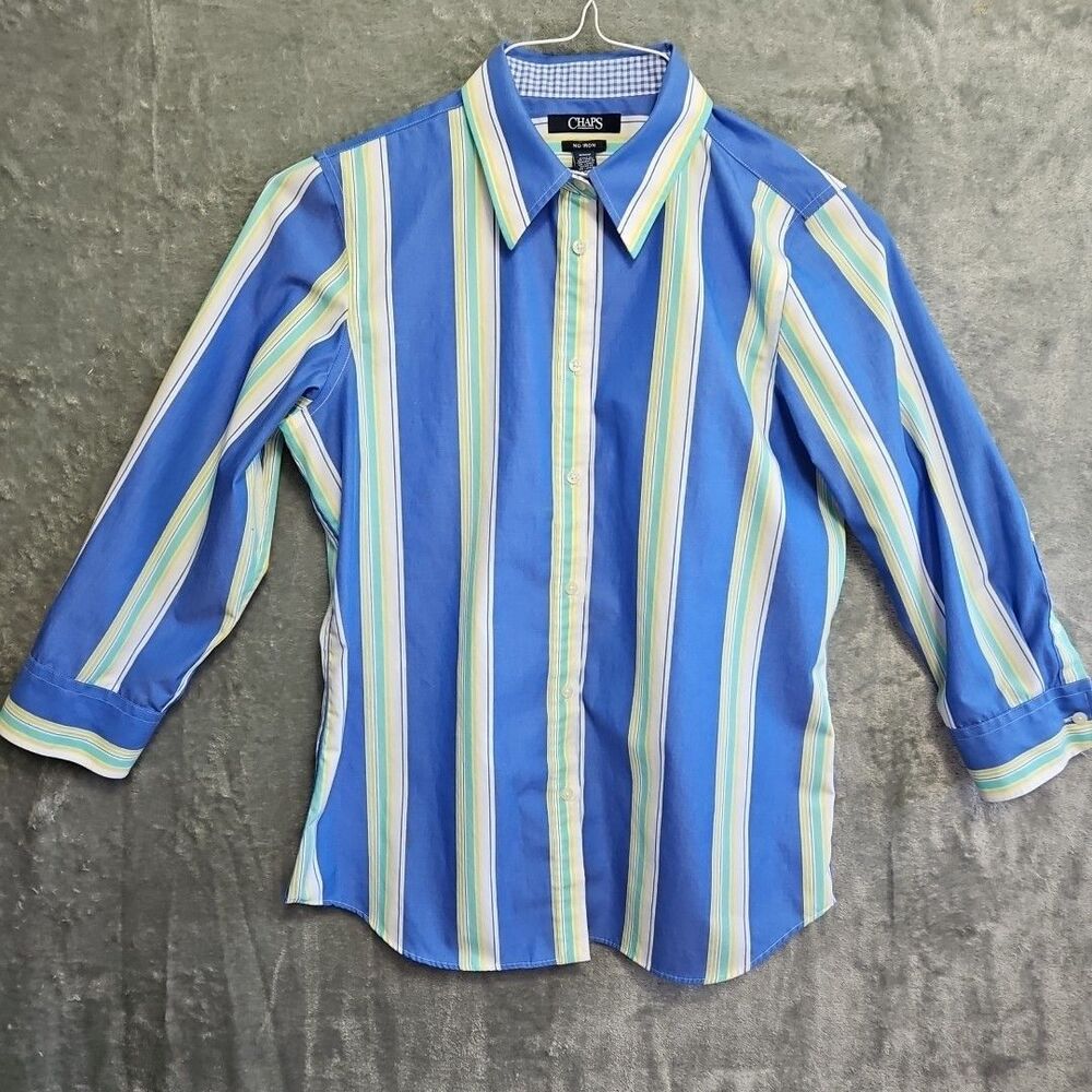 Chaps Women's Sz Med No Iron Blue Stripe Blouse 3/4 sleeve slightly fitted